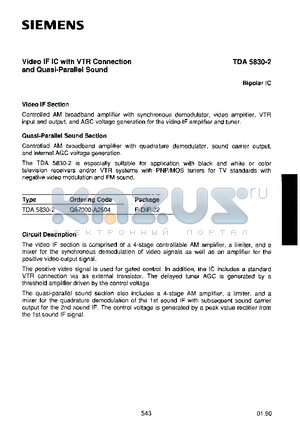 TDA5830-2 datasheet - VIDEO IF IC WITH VTR CONNECTION AND QUASI PARALLERL SOUND