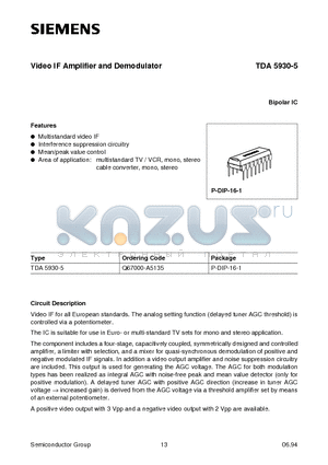 TDA5930-5 datasheet - Video IF Amplifier and Demodulator