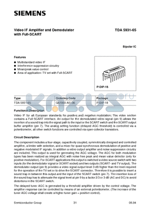 TDA5931-65 datasheet - Video IF Amplifier and Demodulator with Full-SCART