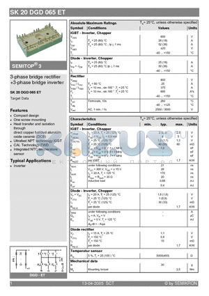 SK20DGD065ET datasheet - 3-phase bridge rectifier 3-phase bridge inverter