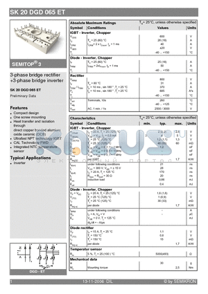 SK20DGD065ET datasheet - 3-phase bridge rectifier 3-phase bridge inverter