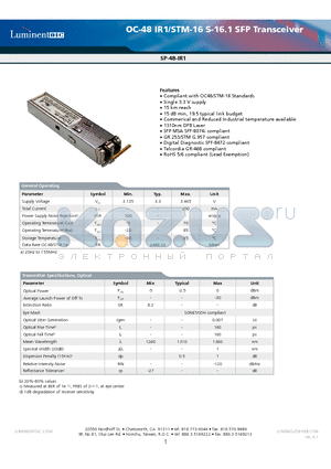 SP-48-IR1-RNA datasheet - OC-48 IR1/STM-16 S-16.1 SFP Transceiver