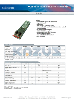 SP-48-IR2-CNA datasheet - OC-48 IR-2/STM-16 S-16.2 SFP Transceiver