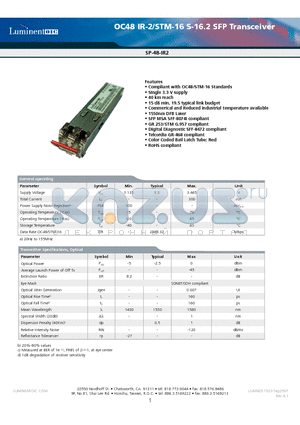 SP-48-IR2-CDA datasheet - OC-48 IR-2/STM-16 S-16.2 SFP Transceiver