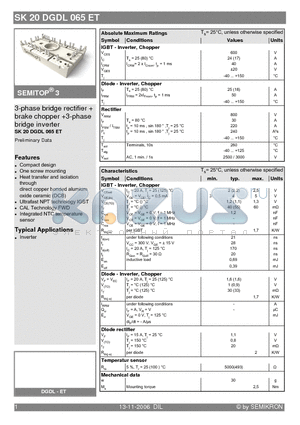 SK20DGDL065ET datasheet - 3-phase bridge rectifier  brake chopper 3-phase bridge inverter