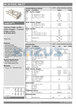SK20DGDL066ET datasheet - 3-phase bridge rectifier  brake chopper  3-phase bridge inverter