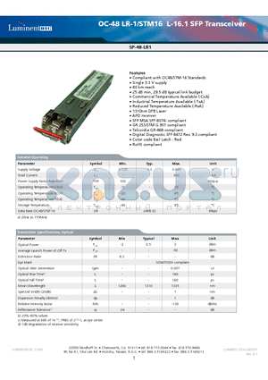 SP-48-LR1-RNA datasheet - OC-48 LR-1/STM16 L-16.1 SFP Transceiver