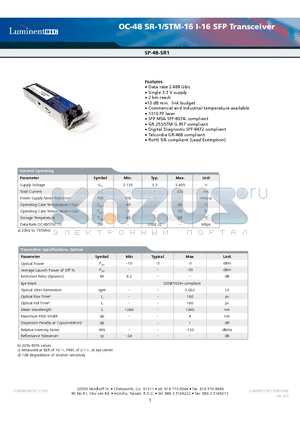 SP-48-SR1-CNA datasheet - OC-48 SR-1/STM-16 I-16 SFP Transceiver