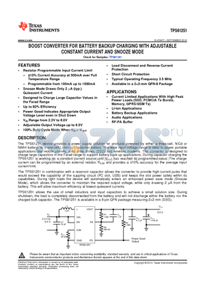 TPS61251DSGT datasheet - BOOST CONVERTER FOR BATTERY BACKUP CHARGING WITH ADJUSTABLE CONSTANT CURRENT AND SNOOZE MODE