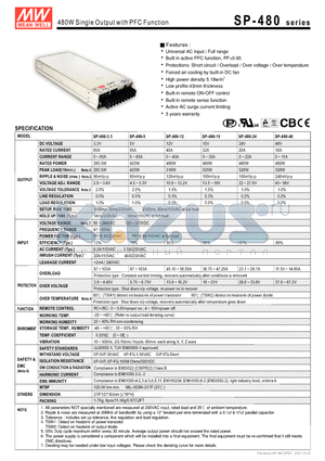 SP-480 datasheet - 480W Single Output with PFC Function