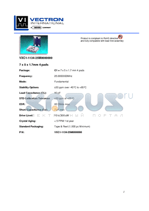 VXC1-1134-25M000000 datasheet - 7 x 5 x 1.7mm 4 pads