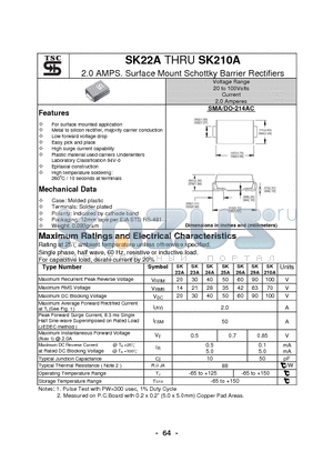 SK210A datasheet - 2.0 AMPS. Surface Mount Schottky Barrier Rectifiers