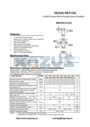 SK215A datasheet - 2.0AMP.Surface Mount Schottky Barrier Rectifiers