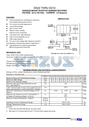 SK22 datasheet - SURFACE MOUNT SCHOTTKY BARRIER RECTIFIER(VOLTAGE - 20 to 100 Volts CURRENT - 2.0 Amperes)