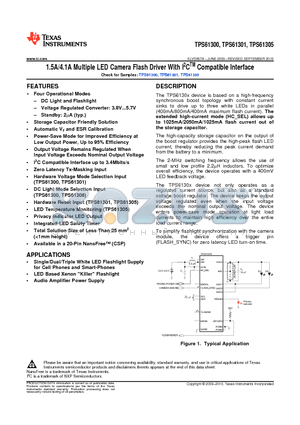 TPS61301 datasheet - 1.5A/4.1A Multiple LED Camera Flash Driver With I2CTM Compatible Interface