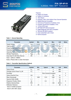 SP-4F-01 datasheet - 4.25Gb/s 10km SFP Transceiver