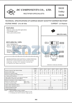 SK22 datasheet - TECHNICAL SPECIFICATIONS OF SURFACE MOUNT SCHOTTKY BARRIER RECTIFIER