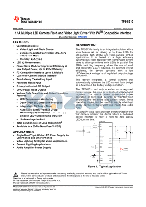 TPS61310 datasheet - 1.5A Multiple LED Camera Flash and Video Light Driver With I2CTM Compatible Interface