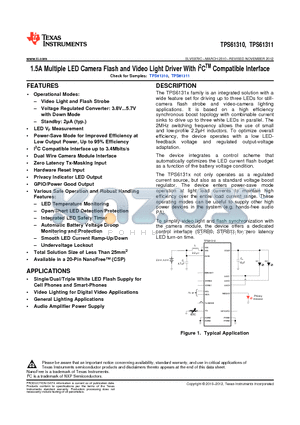 TPS61311 datasheet - 1.5A Multiple LED Camera Flash and Video Light Driver With I2CTM Compatible Interface