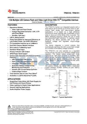 TPS61311YFF datasheet - 1.5A Multiple LED Camera Flash and Video Light Driver With I2CTM Compatible Interface