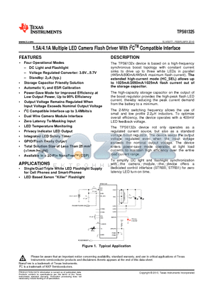 TPS61325 datasheet - 1.5A/4.1A Multiple LED Camera Flash Driver With I2CTM Compatible Interface
