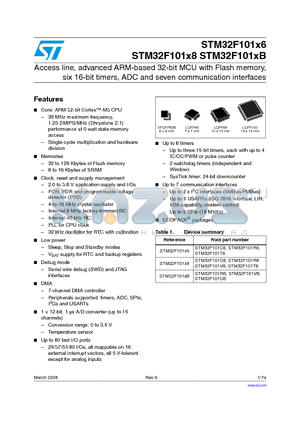 STM32F101X8 datasheet - Access line, advanced ARM-based 32-bit MCU with Flash memory, six 16-bit timers, ADC and seven communication interfaces