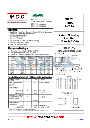 SK22 datasheet - 2 Amp Schottky Rectifier 20 to 100 Volts