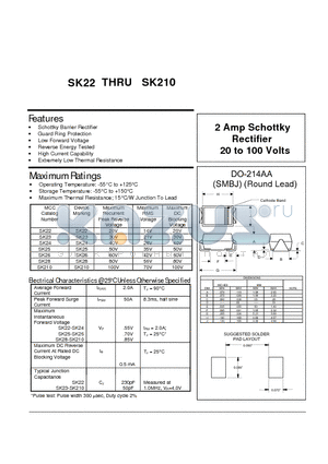 SK22 datasheet - 2 Amp Schottky Rectifier 20 to 100 Volts