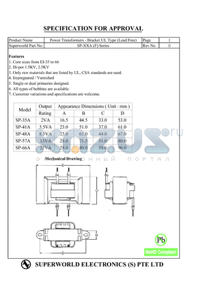 SP-57A datasheet - Power Transformers - Bracket UL Type