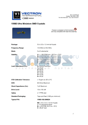 VXM2 datasheet - VXM2 Ultra Miniature SMD Crystals