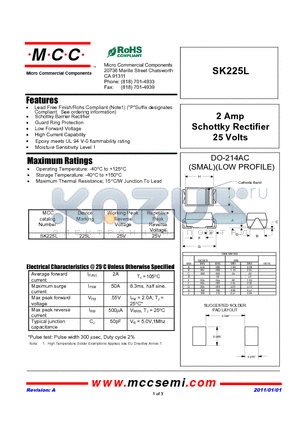 SK225L datasheet - 2 Amp Schottky Rectifier 25 Volts