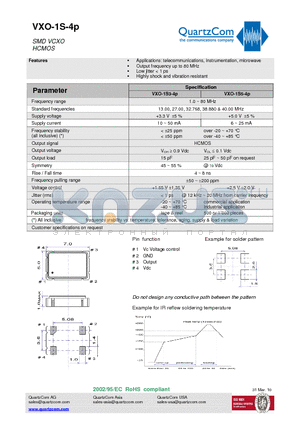 VXO-1S-4P datasheet - SMD VCXO HCMOS Highly shock and vibration resistant