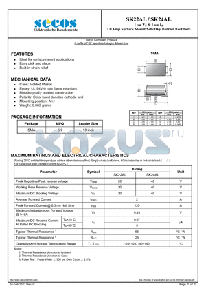 SK22AL datasheet - Low VF & Low IR 2.0 Amp Surface Mount Schottky Barrier Rectifiers