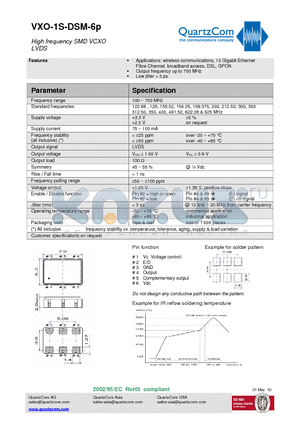 VXO-1S-DSM-6P datasheet - High frequency SMD VCXO LVDS Output frequency up to 700 MHz