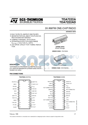 TDA7222A datasheet - 3V AM/FM ONE-CHIP RADIO