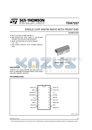 TDA7227 datasheet - SINGLE-CHIP AM/FM RADIO WITH FRONT-END