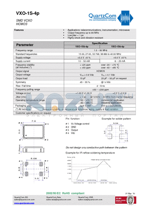 VXO-1S3-4P datasheet - SMD VCXO HCMOS Highly shock and vibration resistant