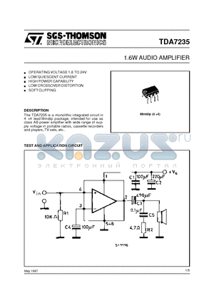 TDA7235 datasheet - 1.6W AUDIO AMPLIFIER