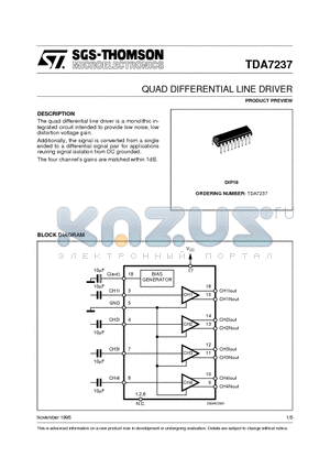 TDA7237 datasheet - QUAD DIFFERENTIAL LINE DRIVER