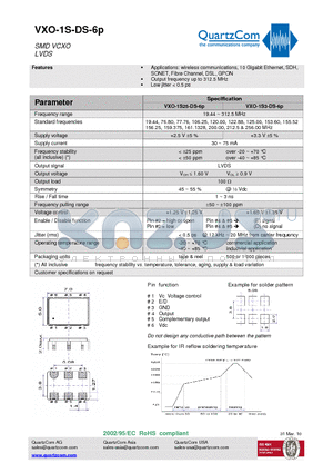 VXO-1S3-DS-6P datasheet - SMD VCXO LVDS Output frequency up to 312.5 MHz
