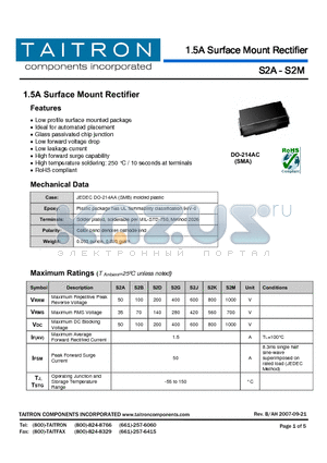 S2A datasheet - 1.5A Surface Mount Rectifier