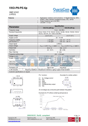 VXO-P9-25PE-6P datasheet - SMD VCXO LVPECL Output frequency up to 200 MHz