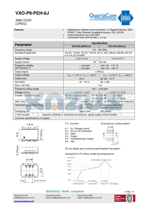 VXO-P9-25PEH-6J datasheet - SMD VCXO LVPECL Output frequency up to 800 MHz