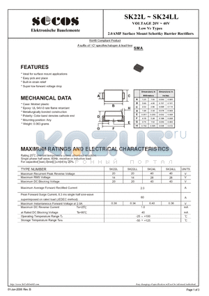 SK22LL datasheet - 2.0AMP Surface Mount Schottky Barrier Rectifiers