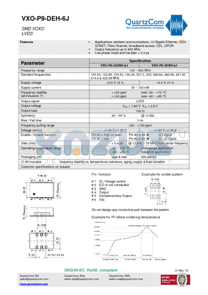 VXO-P9-3DSH-6J datasheet - SMD VCXO LVDS Output frequency up to 800 MHz