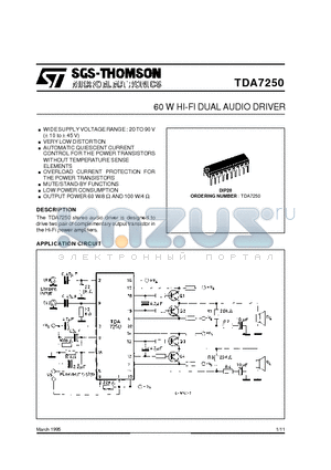 TDA7250 datasheet - 6W AUDIO AMPLIFIER WITH STAND-BY