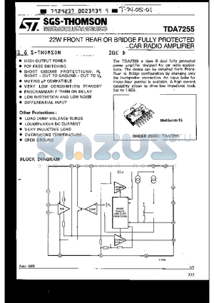 TDA7255 datasheet - 22W FRONT REAR OR BRIDGE FULLY PROTECTED CAR RADIO AMPLIFIER