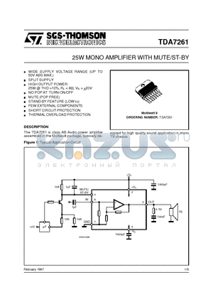 TDA7261 datasheet - 25W MONO AMPLIFIER WITH MUTE/ST-BY