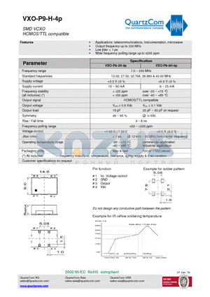 VXO-P9-3H-4P datasheet - SMD VCXO HCMOS/TTL compatible Output frequency up to 200 MHz