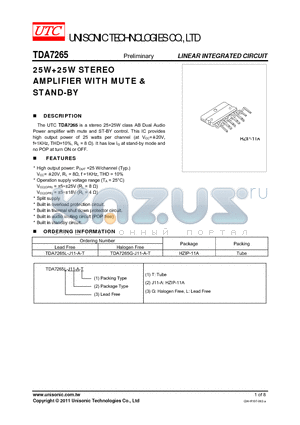 TDA7265G-J11-A-T datasheet - 25W25W STEREO AMPLIFIER WITH MUTE & STAND-BY